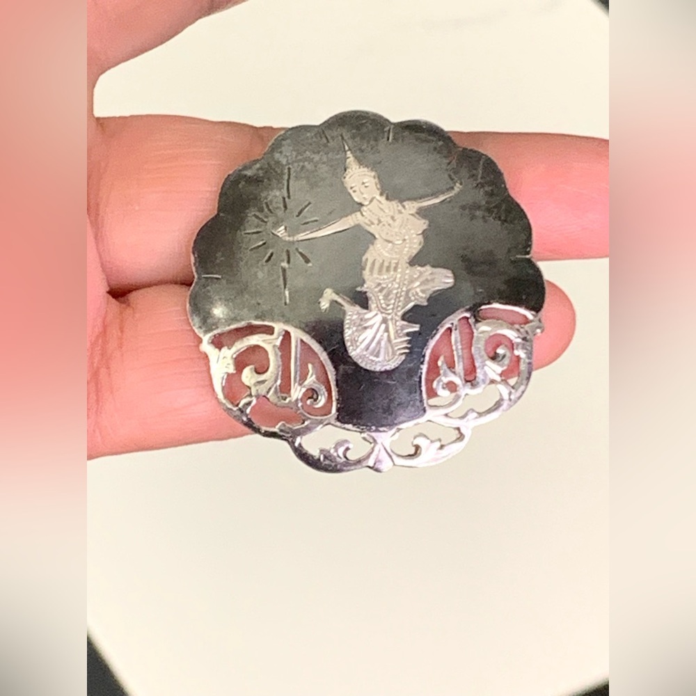 Antique Siam Sterling Silver Dancer Mermaid Brooch Enamel Pin